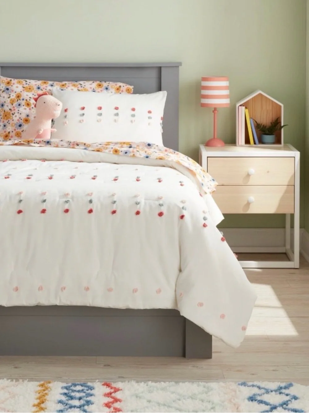 Kids’ Pillowfort White Comforter and Sham with Colorful Embroidered Polka Dots
